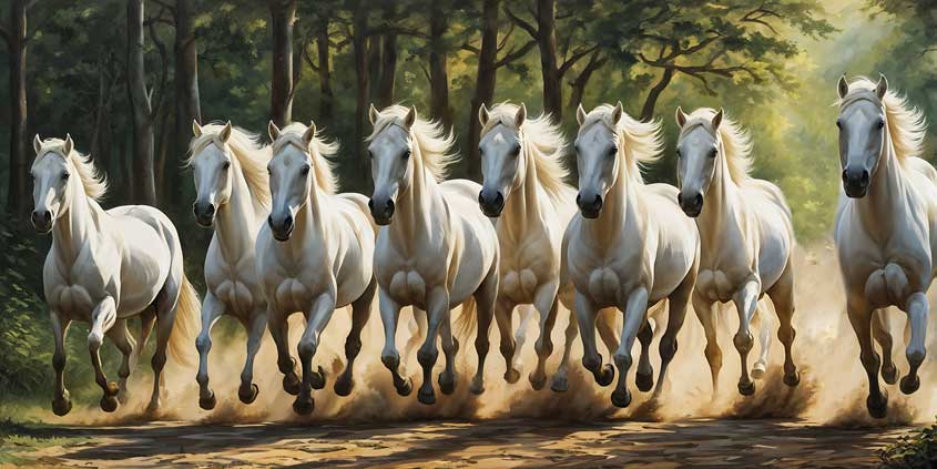 Eight White Horses Running in Lush Green Background – Feng Shui Painting for Growth & Vitality